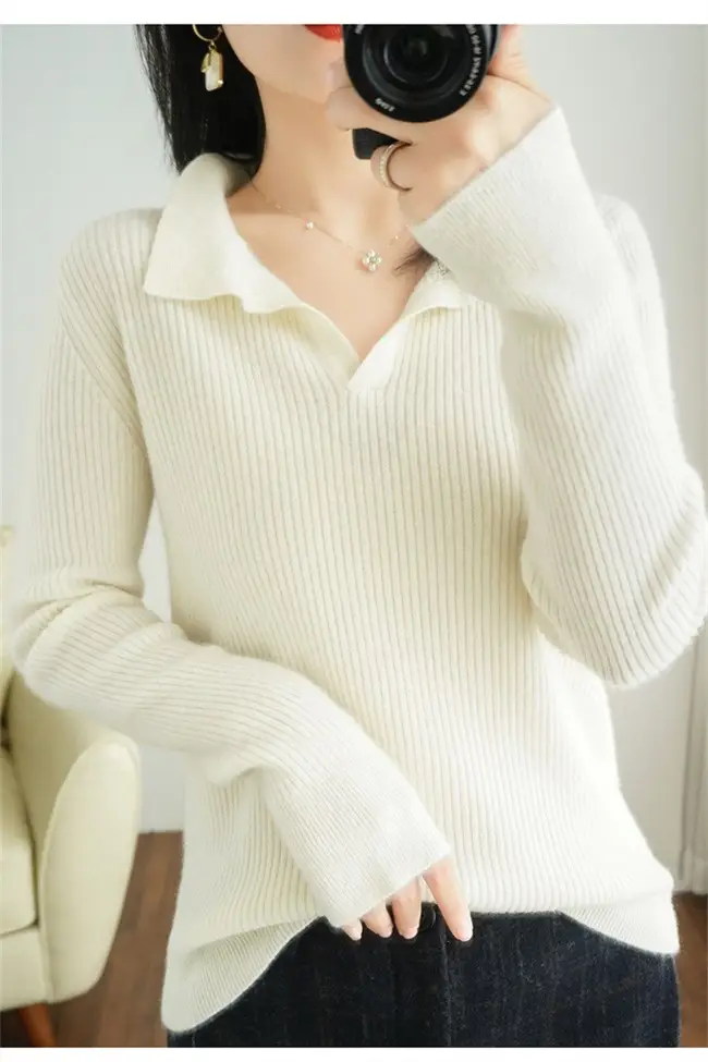 Women Knitted Polo Collar Sweater White Slim Fit — feature 10