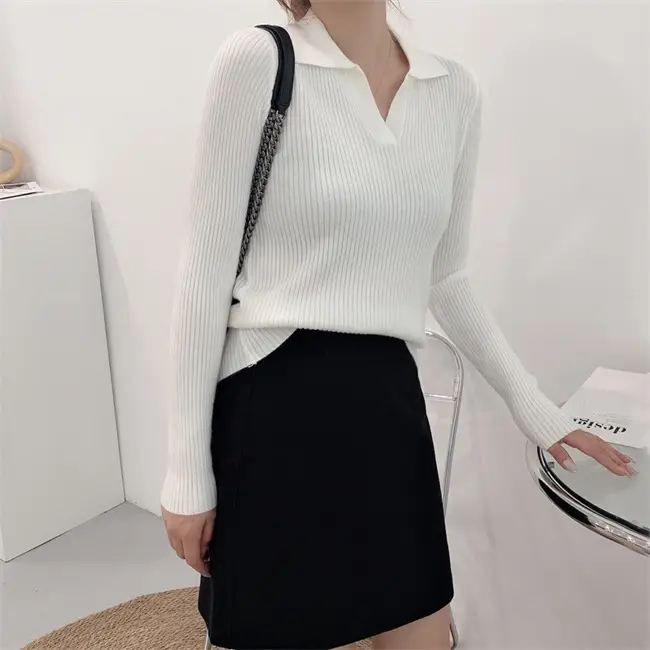 Women Knitted Polo Collar Sweater White Slim Fit — feature 4