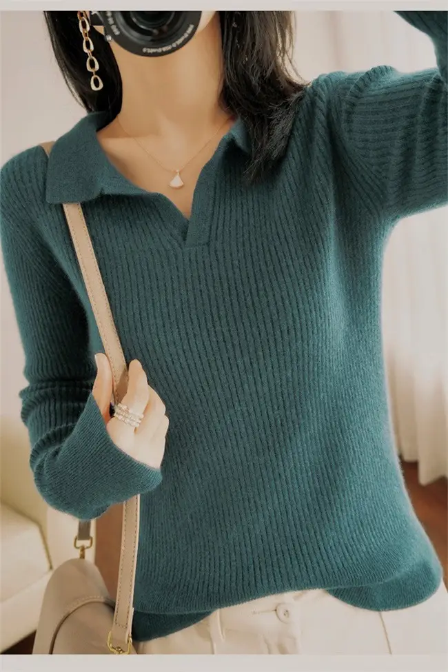 Women Knitted Polo Collar Sweater White Slim Fit — feature 6
