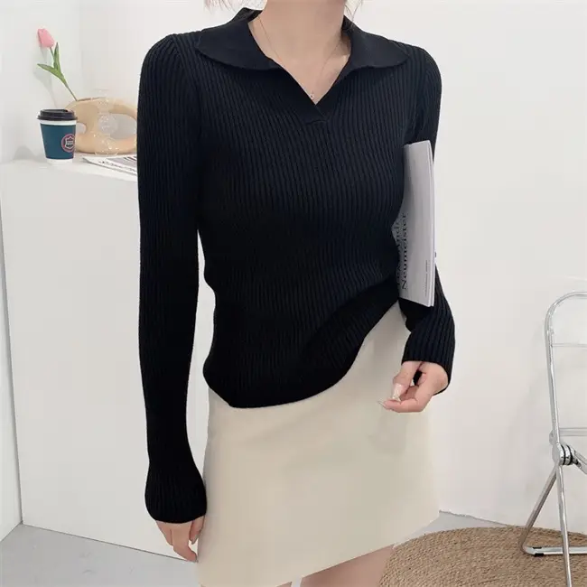 Women Knitted Polo Collar Sweater White Slim Fit — feature 7
