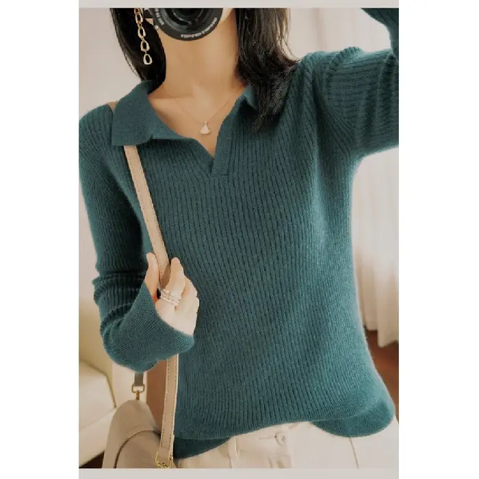 Women Knitted Polo Collar Sweater White Slim Fit - Image 3