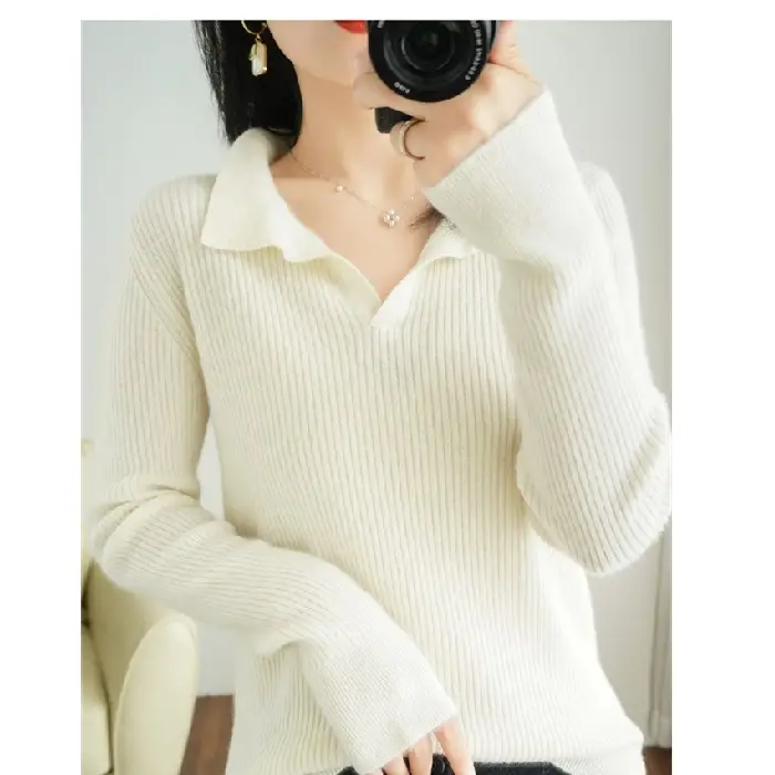 Women Knitted Polo Collar Sweater White Slim Fit - Image 5