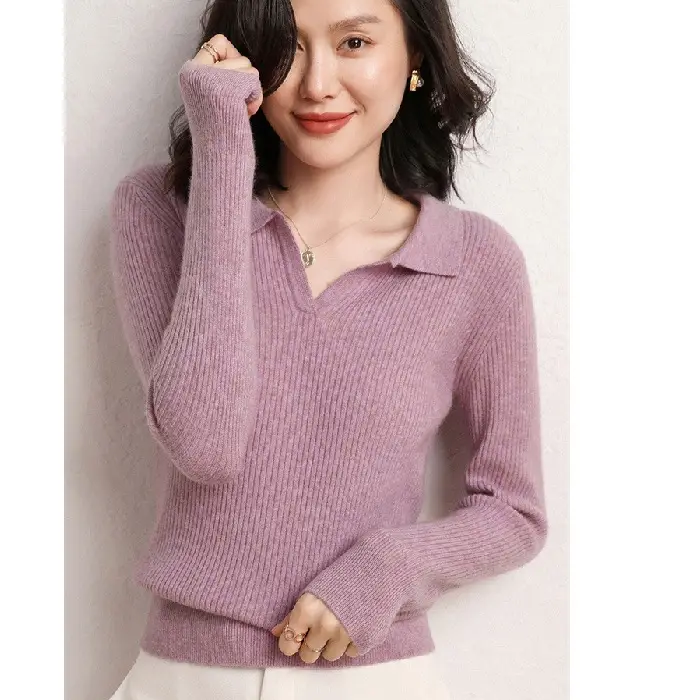 Women Knitted Polo Collar Sweater White Slim Fit - Image 6