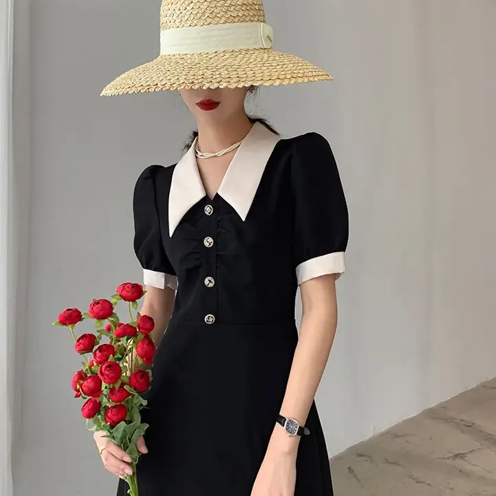 2025 French Style Slim Dress Navy White Collar Button - Image 3