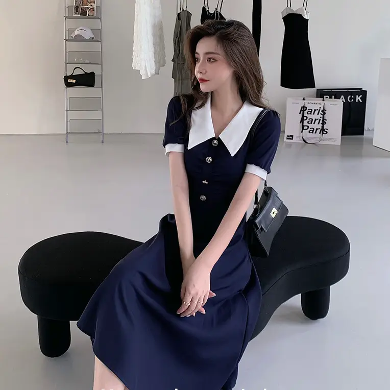 2025 French Style Slim Dress Navy White Collar Button - Image 4