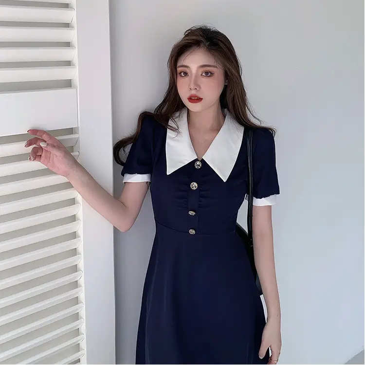 2025 French Style Slim Dress Navy White Collar Button - Image 6