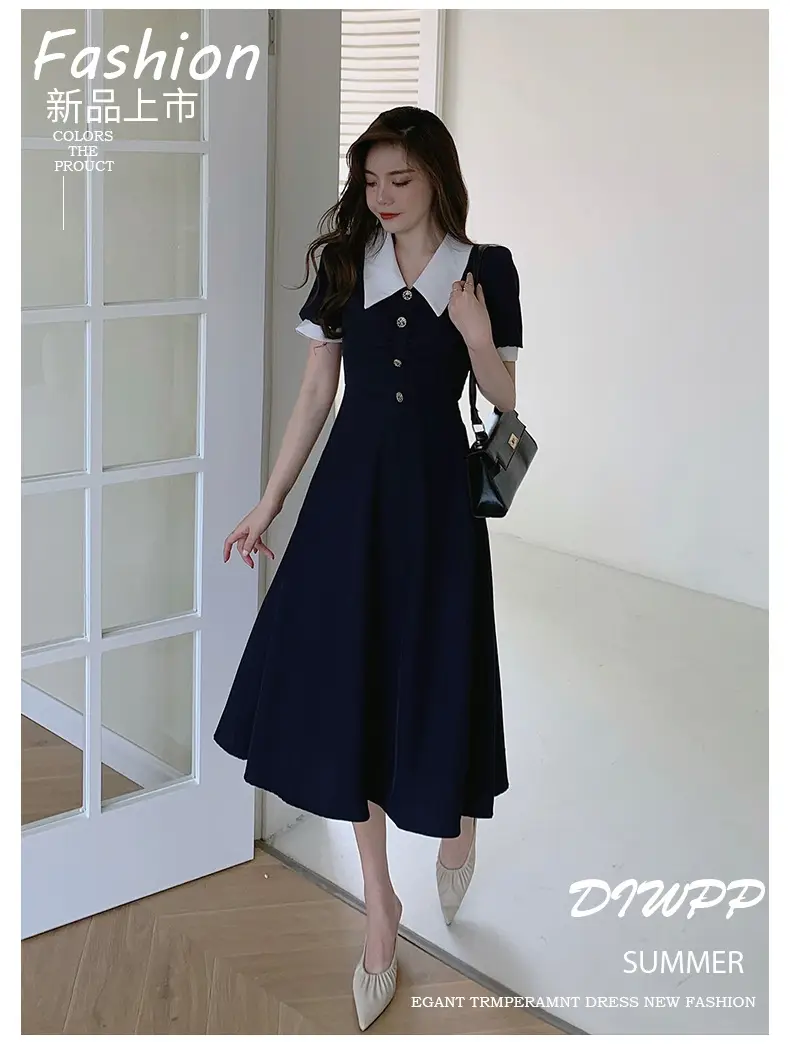 2025 French Style Slim Dress Navy White Collar Button — feature 21
