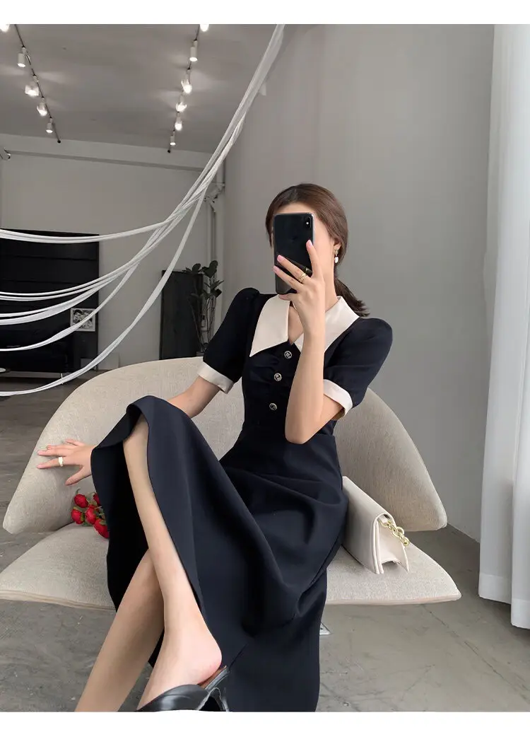 2025 French Style Slim Dress Navy White Collar Button — feature 23