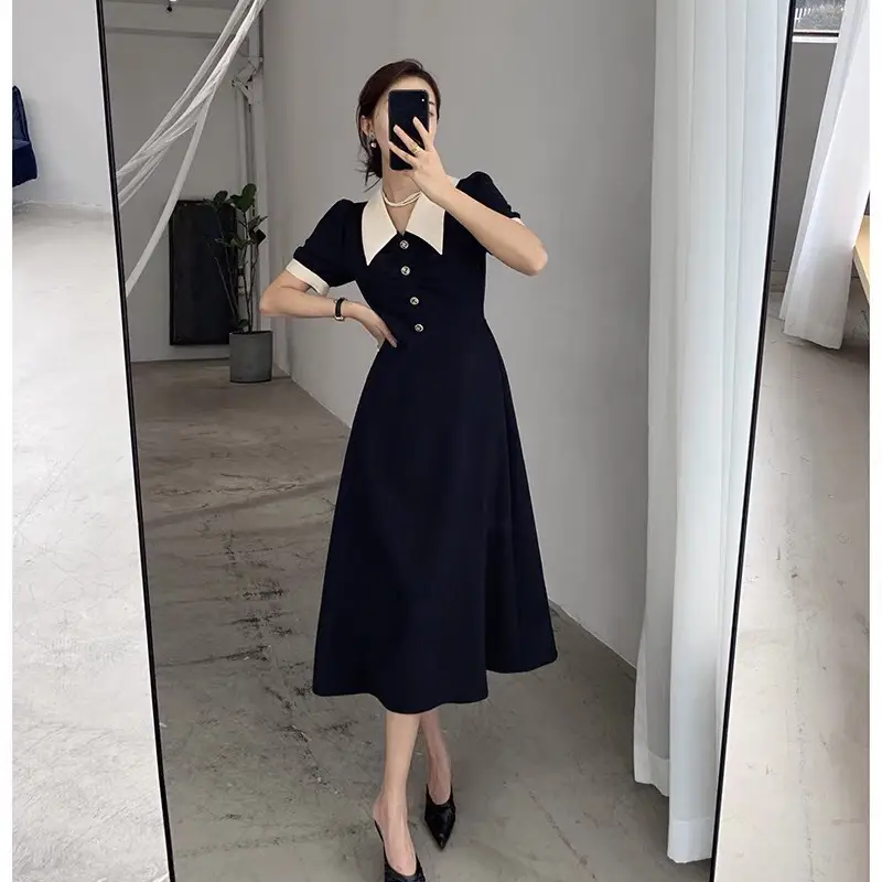 2025 French Style Slim Dress Navy White Collar Button — feature 24