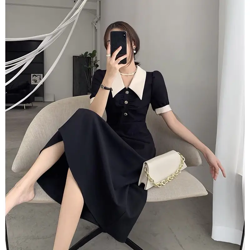 2025 French Style Slim Dress Navy White Collar Button — feature 26
