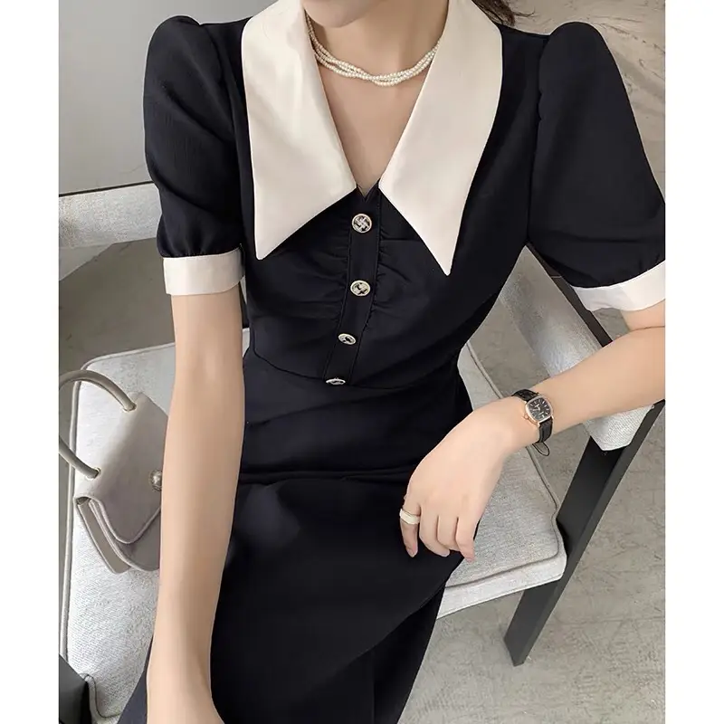 2025 French Style Slim Dress Navy White Collar Button — feature 27