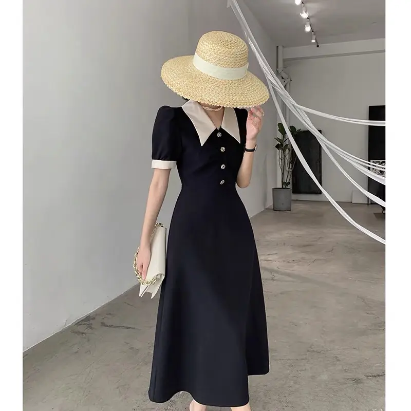 2025 French Style Slim Dress Navy White Collar Button — feature 29