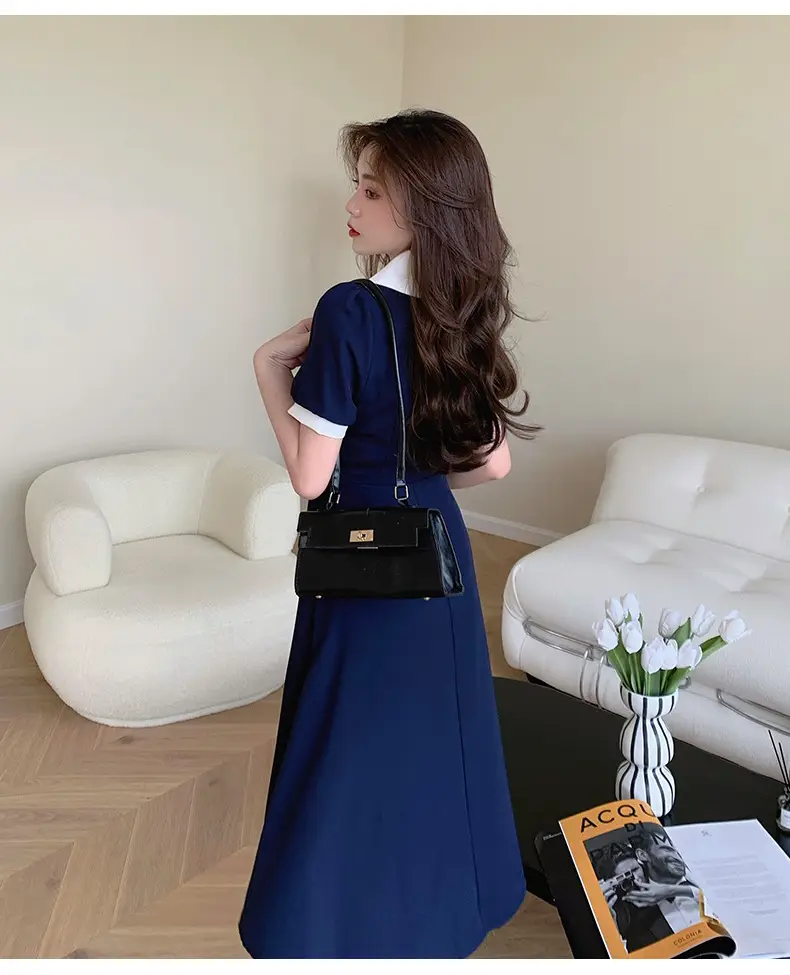 2025 French Style Slim Dress Navy White Collar Button — feature 30
