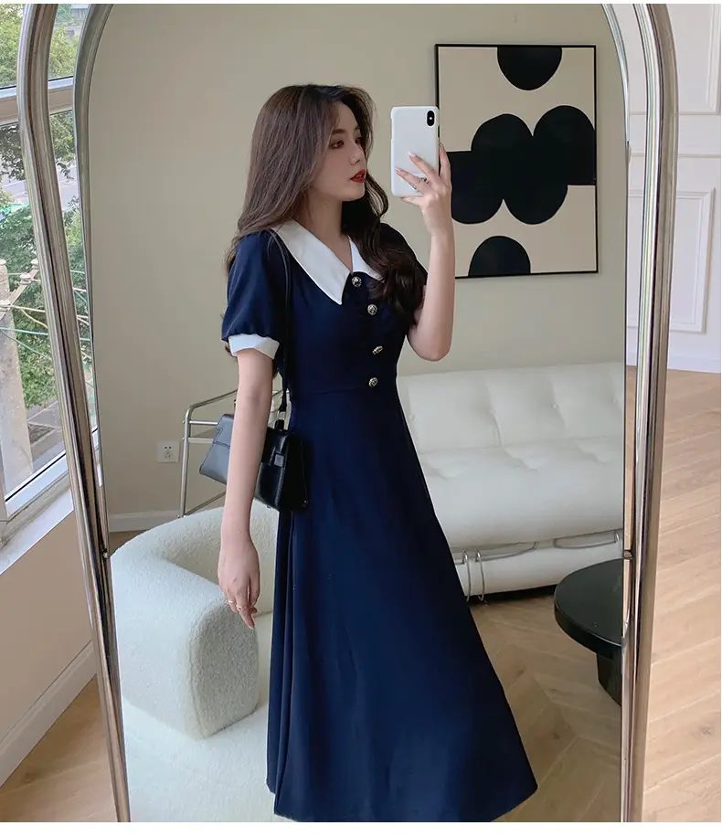2025 French Style Slim Dress Navy White Collar Button — feature 31
