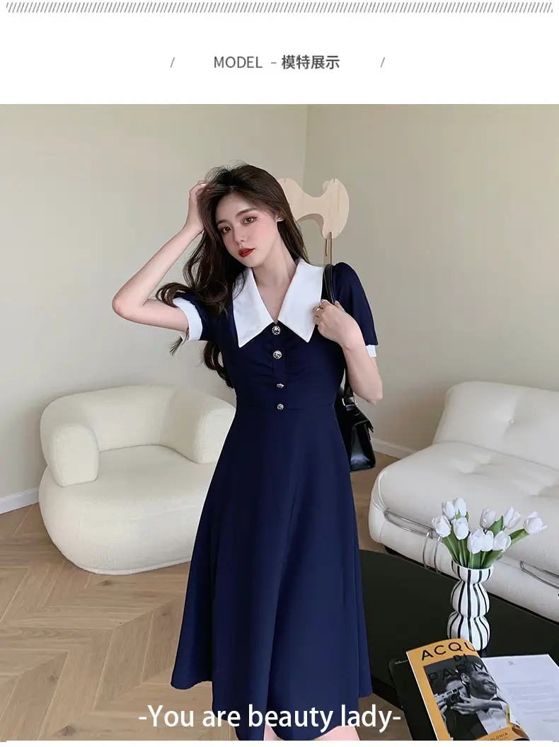 2025 French Style Slim Dress Navy White Collar Button — feature 33