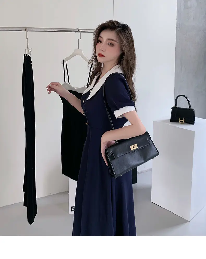 2025 French Style Slim Dress Navy White Collar Button — feature 34