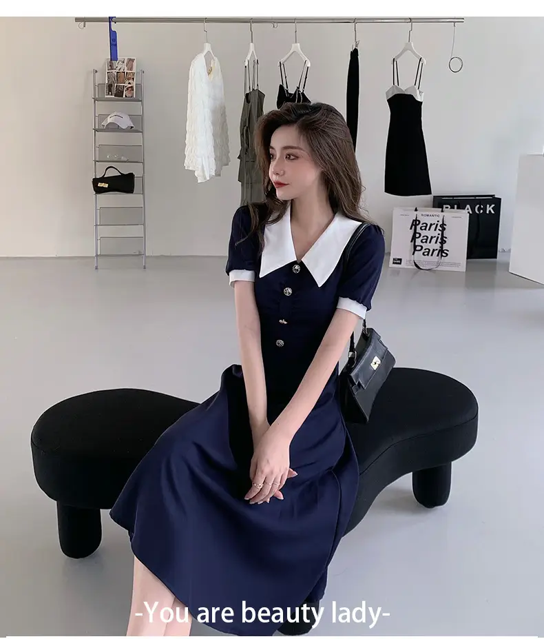 2025 French Style Slim Dress Navy White Collar Button — feature 35