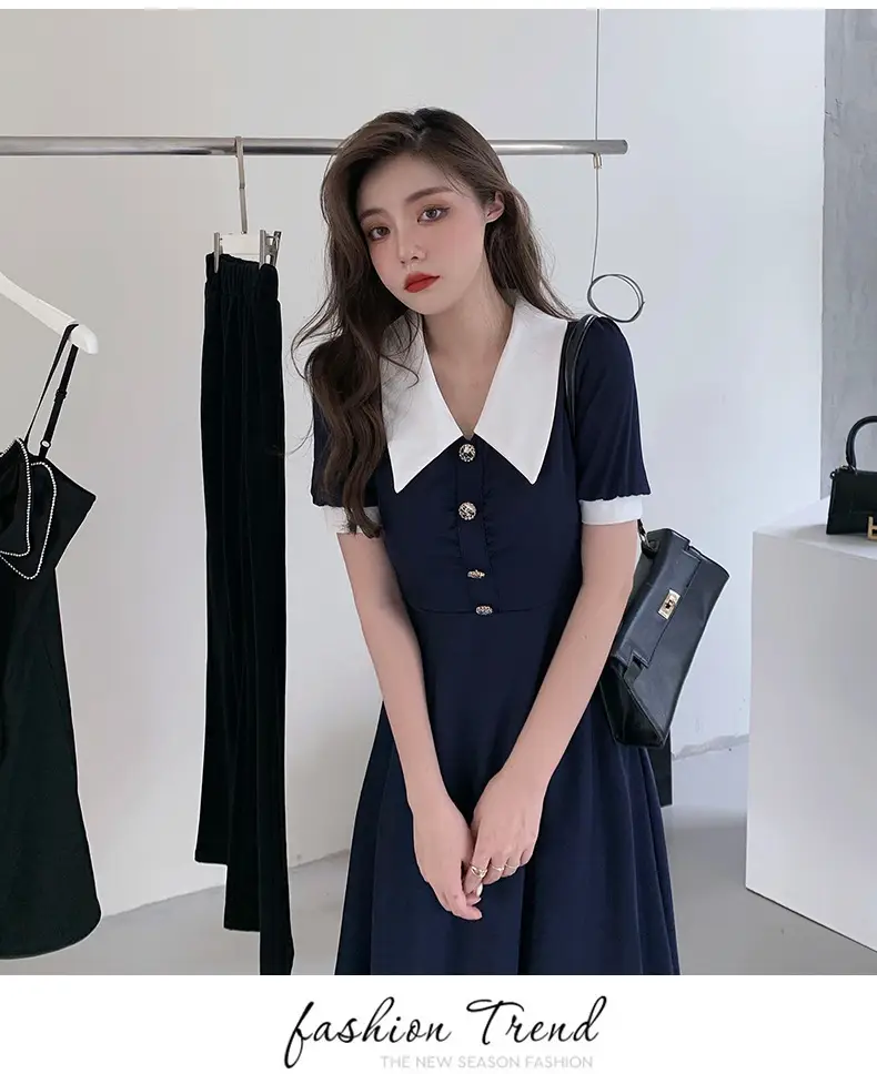 2025 French Style Slim Dress Navy White Collar Button — feature 36
