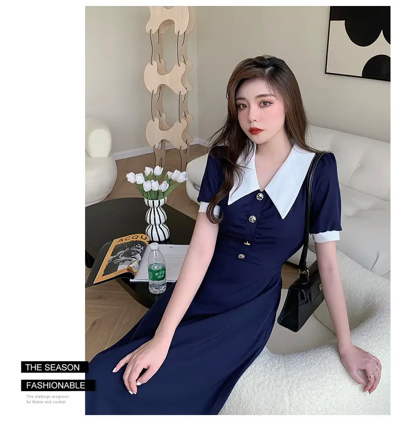 2025 French Style Slim Dress Navy White Collar Button — feature 38