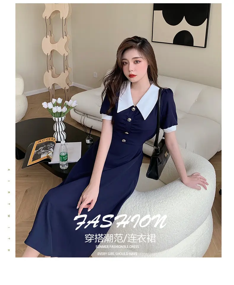 2025 French Style Slim Dress Navy White Collar Button — feature 39