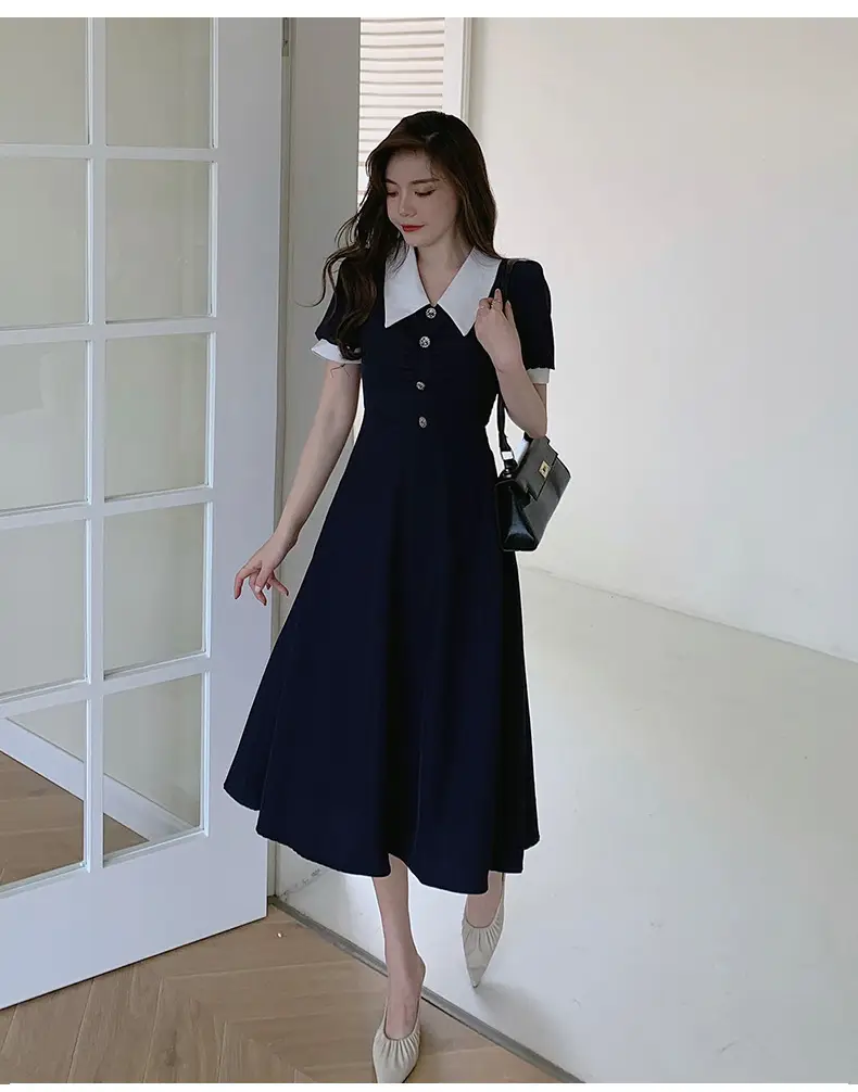 2025 French Style Slim Dress Navy White Collar Button — feature 40