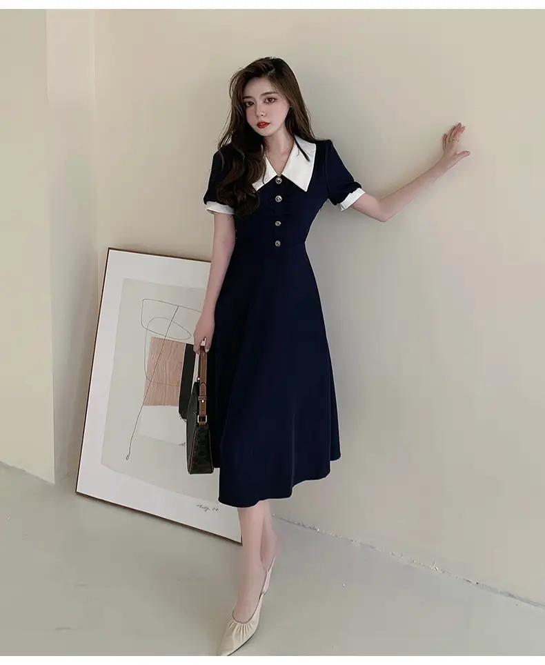 2025 French Style Slim Dress Navy White Collar Button — feature 41