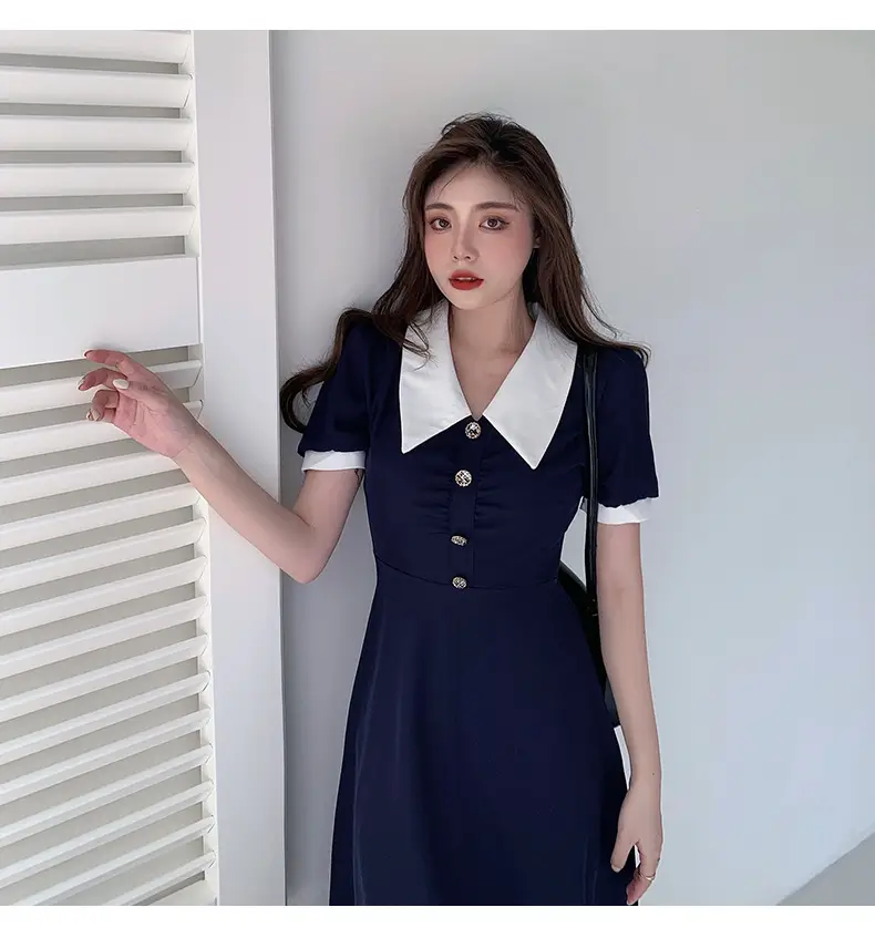 2025 French Style Slim Dress Navy White Collar Button — feature 42