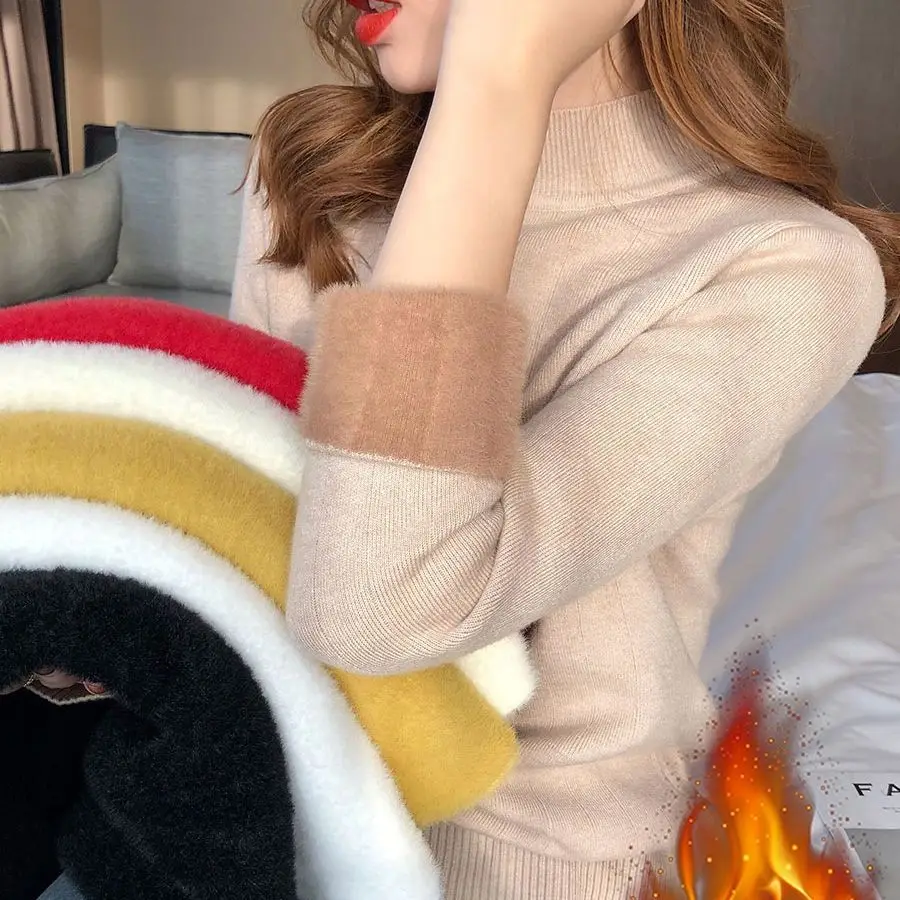 Women Mink Velvet Knit Half Turtleneck Set Yellow Black - Image 3