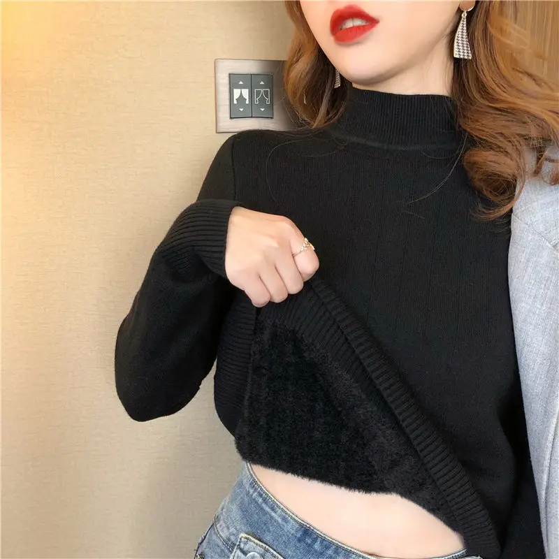 Women Mink Velvet Knit Half Turtleneck Set Yellow Black - Image 4