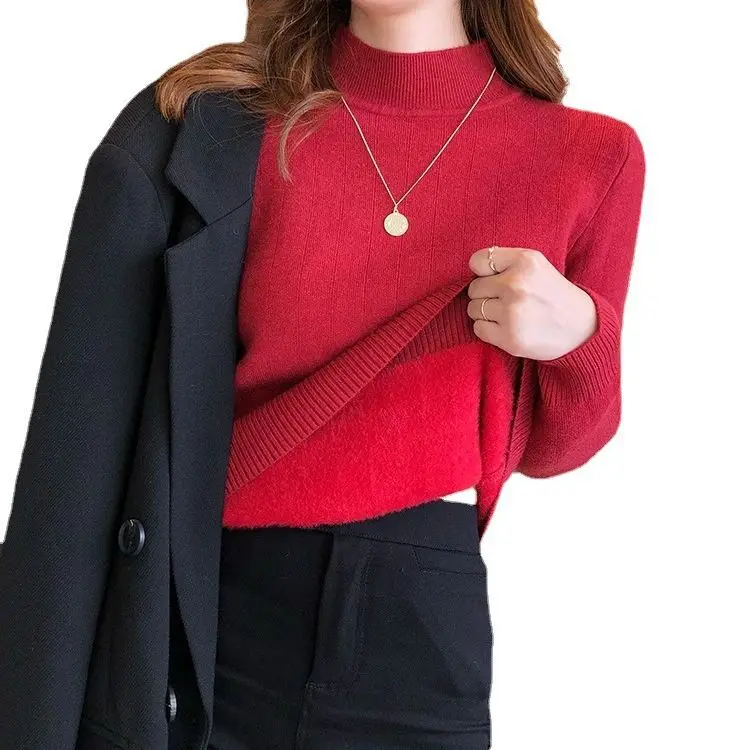 Women Mink Velvet Knit Half Turtleneck Set Yellow Black - Image 7