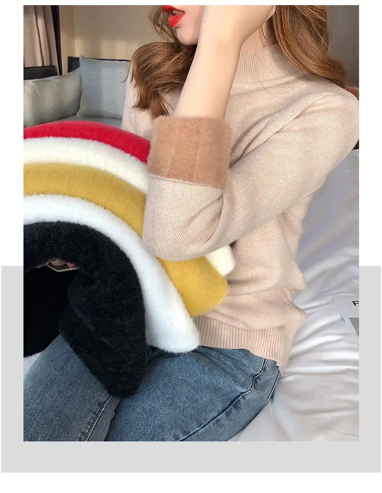 Women Mink Velvet Knit Half Turtleneck Set Yellow Black — feature 15