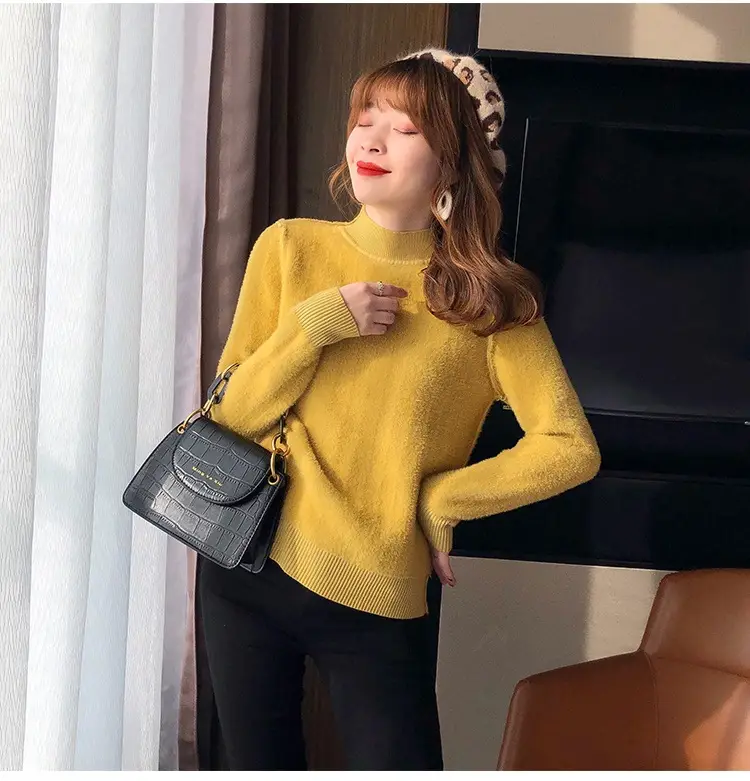 Women Mink Velvet Knit Half Turtleneck Set Yellow Black — feature 16