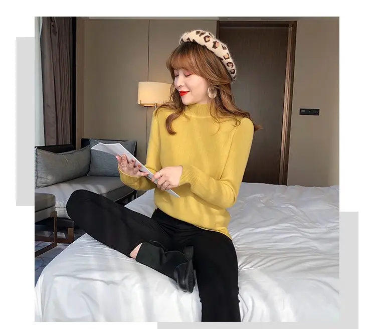Women Mink Velvet Knit Half Turtleneck Set Yellow Black — feature 17