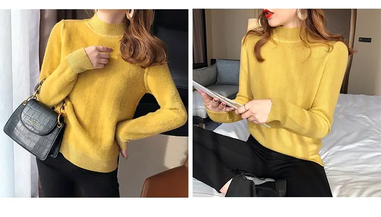 Women Mink Velvet Knit Half Turtleneck Set Yellow Black — feature 19