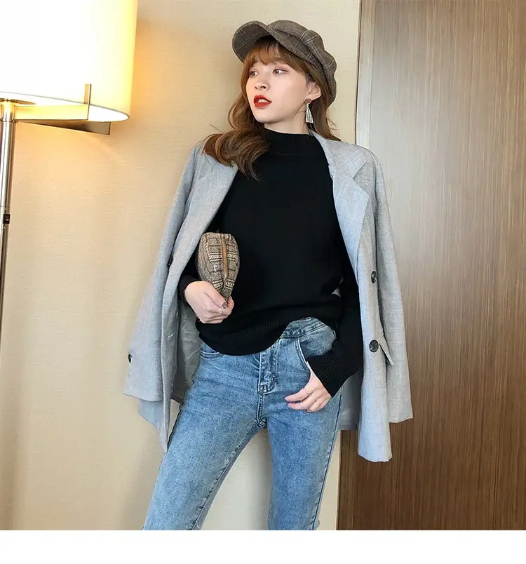 Women Mink Velvet Knit Half Turtleneck Set Yellow Black — feature 21