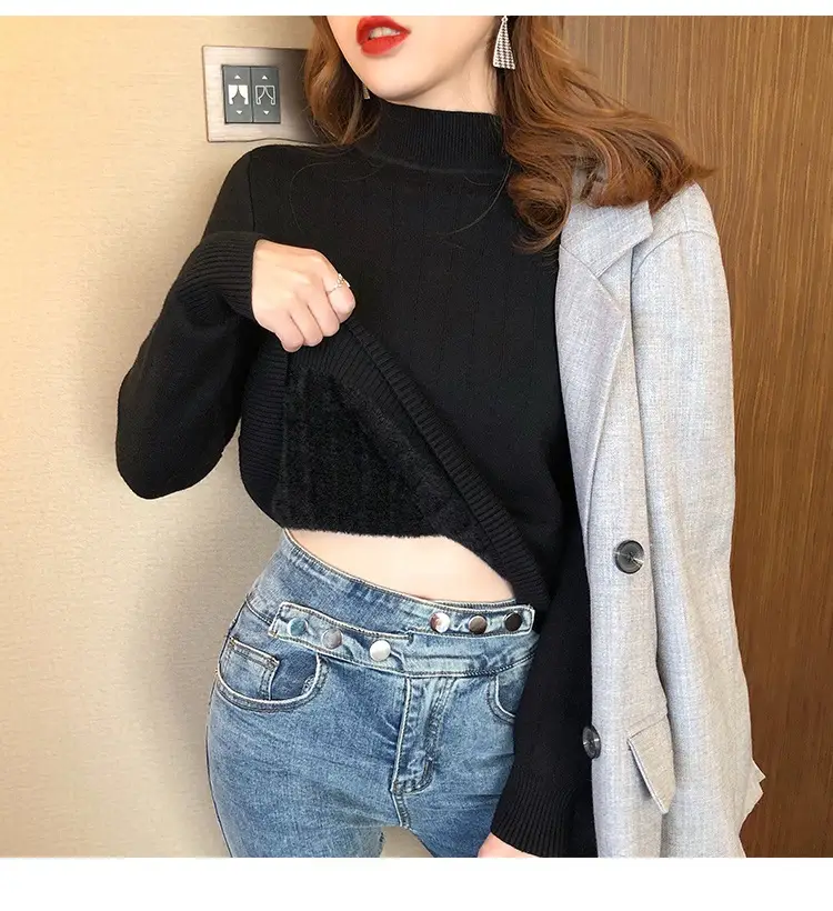 Women Mink Velvet Knit Half Turtleneck Set Yellow Black — feature 22