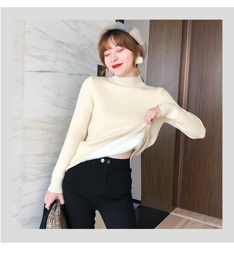 Women Mink Velvet Knit Half Turtleneck Set Yellow Black — feature 24