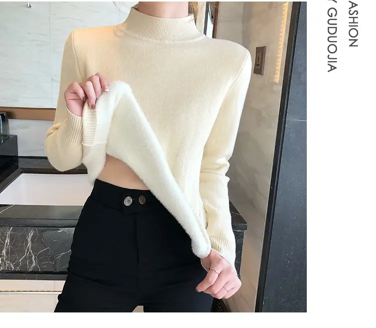 Women Mink Velvet Knit Half Turtleneck Set Yellow Black — feature 26