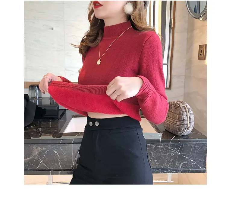 Women Mink Velvet Knit Half Turtleneck Set Yellow Black — feature 31