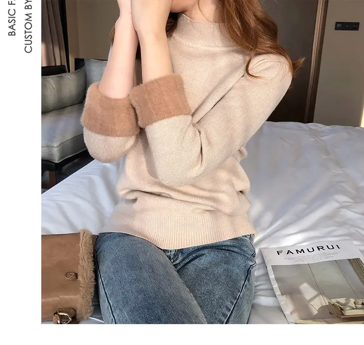 Women Mink Velvet Knit Half Turtleneck Set Yellow Black — feature 34
