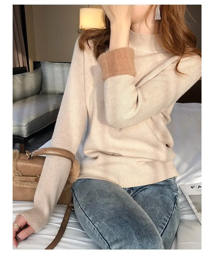 Women Mink Velvet Knit Half Turtleneck Set Yellow Black — feature 35