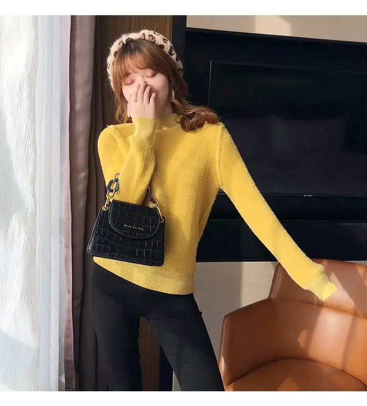 Women Mink Velvet Knit Half Turtleneck Set Yellow Black — feature 36
