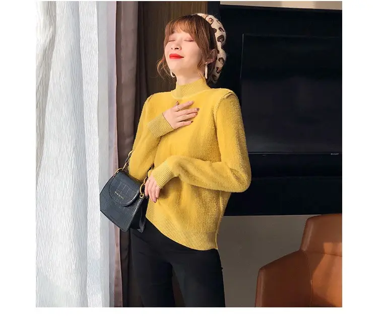 Women Mink Velvet Knit Half Turtleneck Set Yellow Black — feature 38