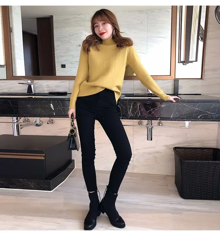 Women Mink Velvet Knit Half Turtleneck Set Yellow Black — feature 39