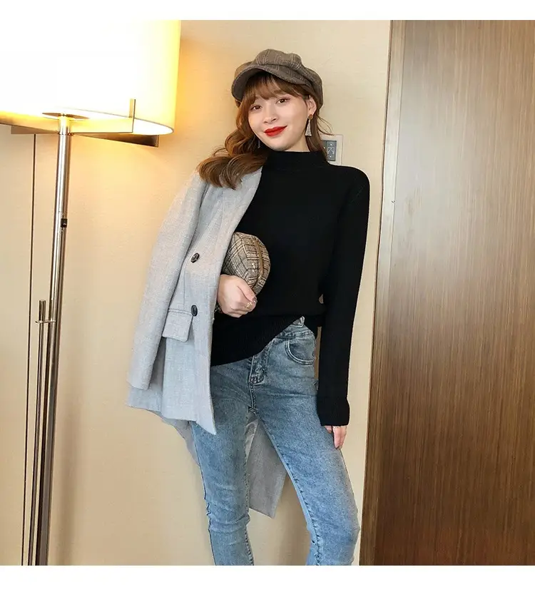 Women Mink Velvet Knit Half Turtleneck Set Yellow Black — feature 40