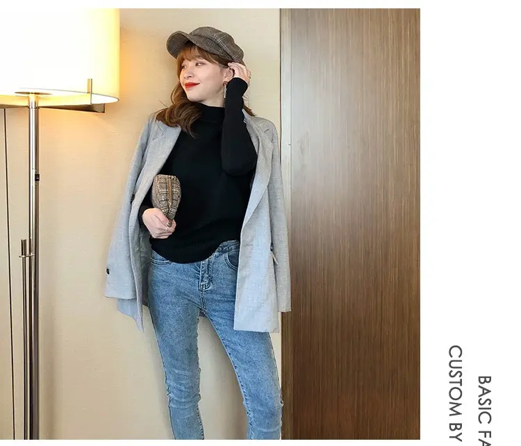 Women Mink Velvet Knit Half Turtleneck Set Yellow Black — feature 42