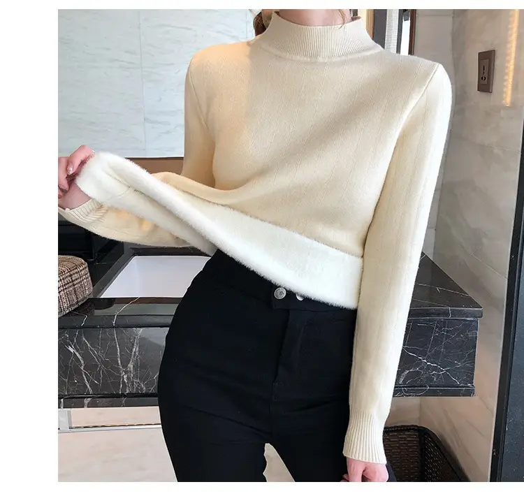 Women Mink Velvet Knit Half Turtleneck Set Yellow Black — feature 44