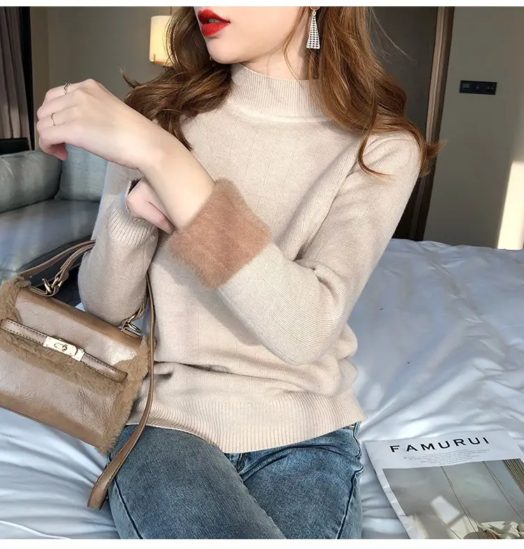Women Mink Velvet Knit Half Turtleneck Set Yellow Black — feature 7
