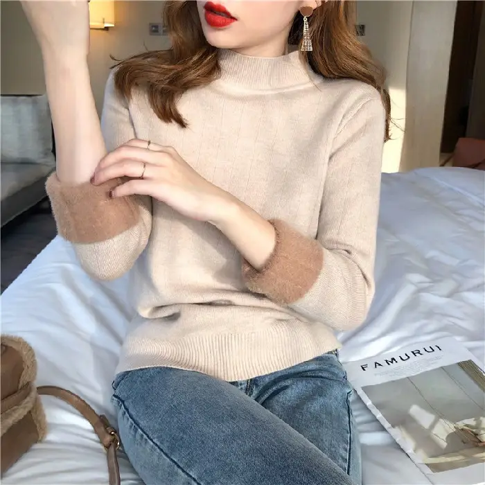 Women Mink Velvet Knit Half Turtleneck Set Yellow Black - Image 2