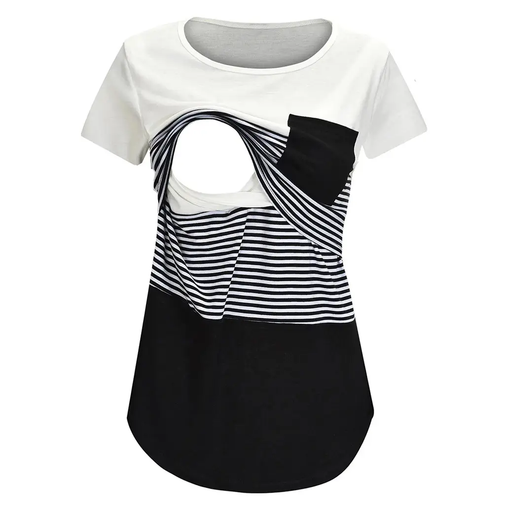 2022 Striped Maternity Top with Black & Pink Tie-Back Design